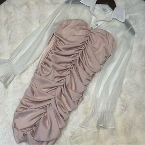 Chic Blush Ruched Mini Dress with Sheer Sleeves